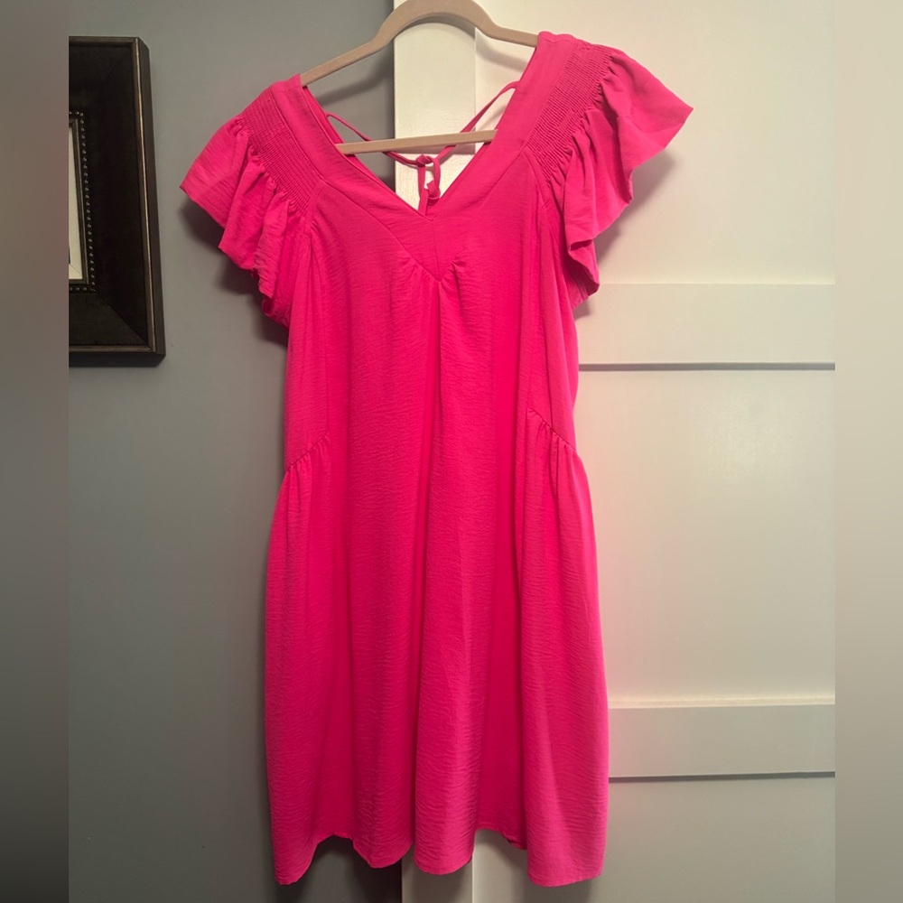 JODIFL Bright Pink Flutter Sleeve Dress